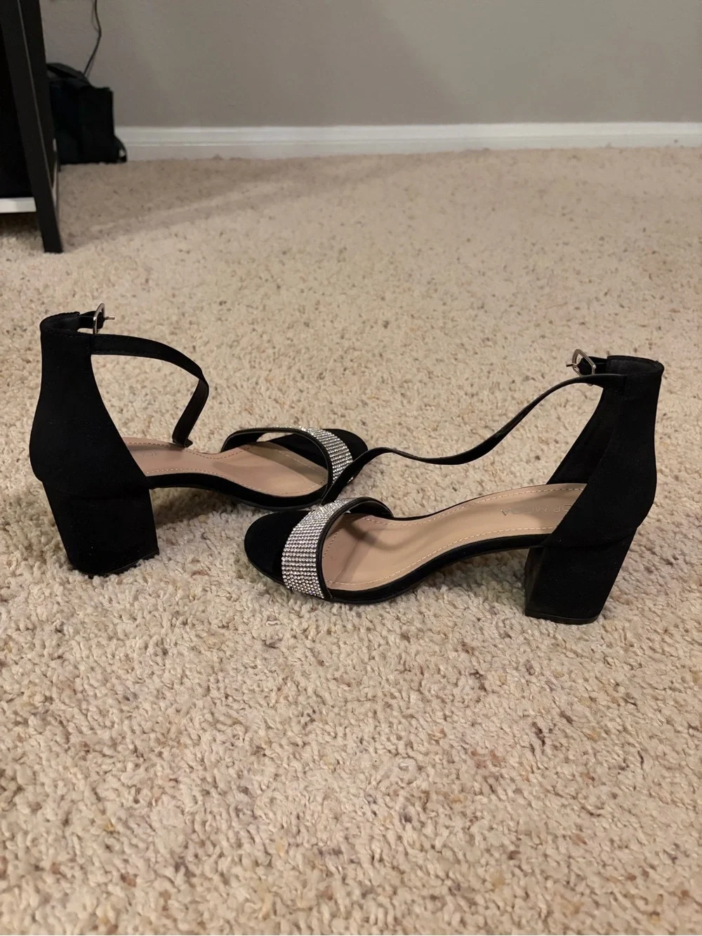TOP Moda Black Ankle-Strap Heels with Rhinestone Front Band